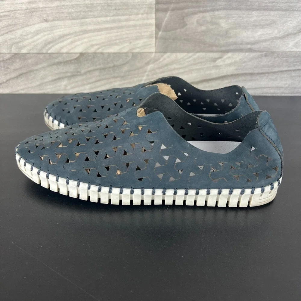Eric Michael Inez Shoes Men's 10 Navy Blue Leather Casual‎ Slip-On Flats Preppy